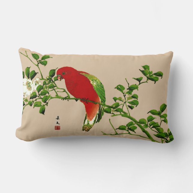 Vintage japanische Malerei eines Papageis, Rot & G Lendenkissen (Vorderseite)