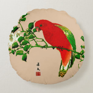 Vintage japanische Malerei eines Papageis, Rot & G Rundes Kissen