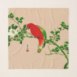 Vintage japanische Malerei eines Papageis, Rot & G Schal<br><div class="desc">Viereckiger Schal in Vintager japanischer Aquarellmalerei eines roten und smaragdgrünen Papagei,  auf einem grünen Zweig mit beigem Hintergrund,  digital verstärkt und farbig</div>