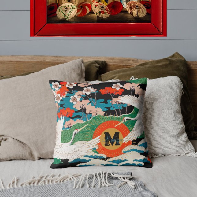 Vintage japanische Sakura- und Rotkronenkrane Kissen (Von Creator hochgeladen)