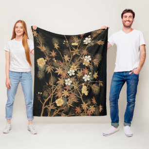 Vintage Japanische Schwarze Goldene Herbst Blumen  Fleecedecke