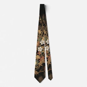 Vintage Japanische Schwarze Goldene Herbst Blumen Krawatte