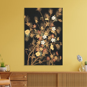 Vintage Japanische Schwarze Goldene Herbst Blumen  Leinwanddruck