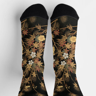 Vintage Japanische Schwarze Goldene Herbst Blumen Socken