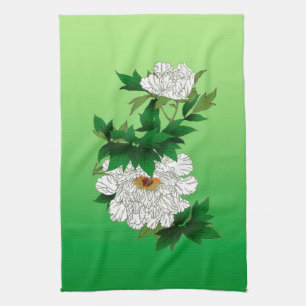 Vintage japanische Skizze für große weiße Peony Geschirrtuch