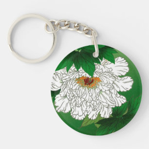 Vintage japanische Skizze für große weiße Peony Schlüsselanhänger