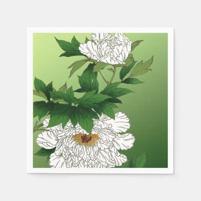 Vintage japanische Skizze für große weiße Peony Serviette (Vorderseite)