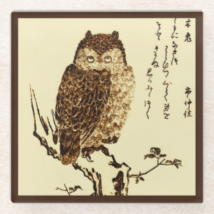 Vintage japanische Tintenzeichnung einer Eule Glasuntersetzer