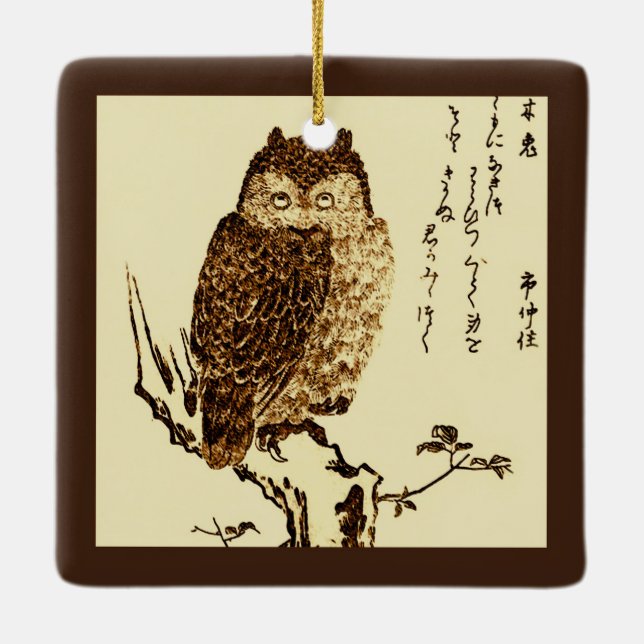 Vintage japanische Tintenzeichnung einer Owl-Keram Keramikornament (Rückseite)