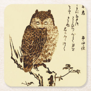 Vintage-Japanische Tuschzeichnung einer Eule Rechteckiger Pappuntersetzer