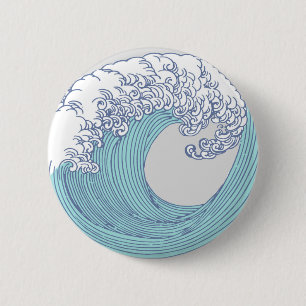 Vintage-Japanische Ukiyo-e-Surfwellen-Kunst Blaue Button