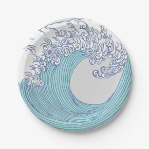 Vintage-Japanische Ukiyo-e-Surfwellen-Kunst Blaue Pappteller