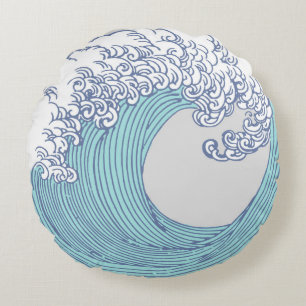 Vintage-Japanische Ukiyo-e-Surfwellen-Kunst Blaue Rundes Kissen