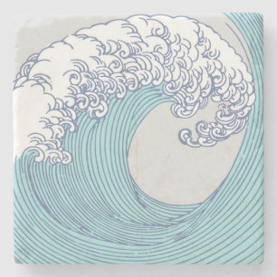 Vintage-Japanische Ukiyo-e-Surfwellen-Kunst Blaue Steinuntersetzer