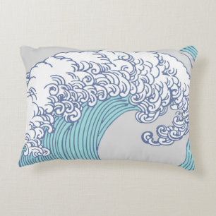 Vintage-Japanische Ukiyo-e-Surfwellen-Kunst Blaue Zierkissen