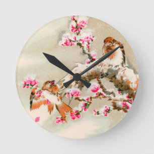 Vintage japanische Vögel auf Zweig Runde Wanduhr