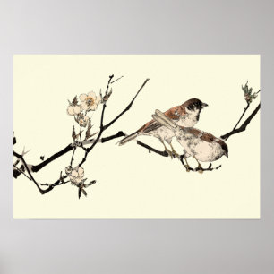Vintage japanische Vögel und Kirschblüten Poster