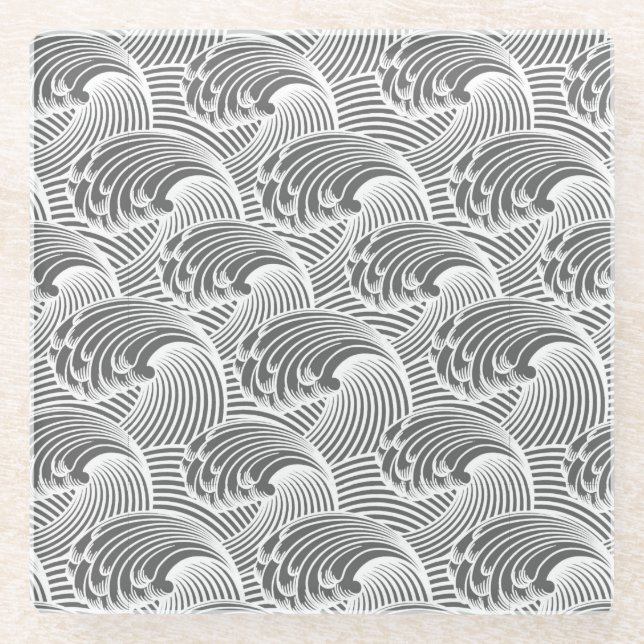 Vintage japanische Waves, grau/grau und weiß  Glasuntersetzer (Vorderseite)