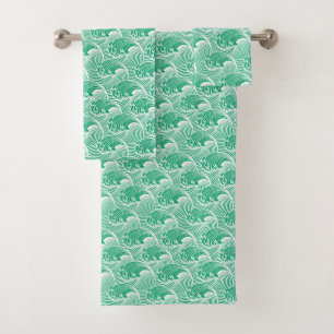 Vintage japanische Wellen, Jade-Grün und Weiß Badhandtuch Set