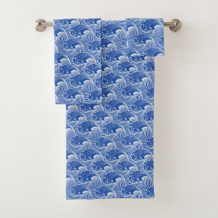 Vintage japanische Wellen, Kobalt-Blau und Weiß Badhandtuch Set