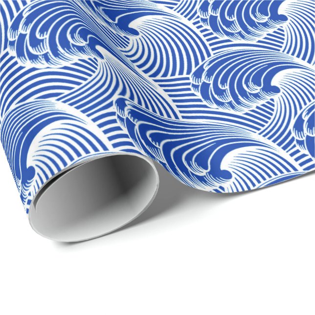Vintage japanische Wellen, Kobalt-Blau und Weiß Geschenkpapier (Rolleneckpunkt)