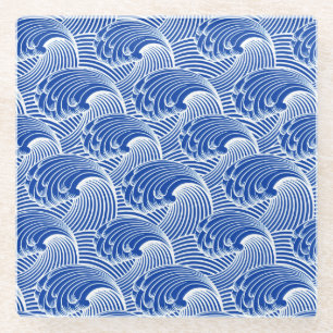 Vintage japanische Wellen, Kobalt Blau und Weiß  Glasuntersetzer