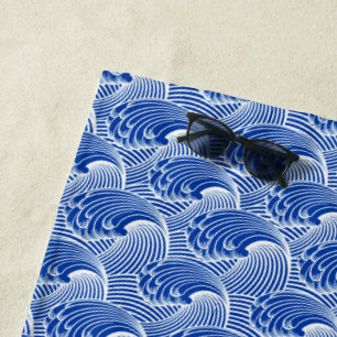 Vintage japanische Wellen, Kobalt-Blau und Weiß Strandtuch
