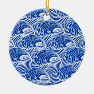 Vintage japanische Wellen, Kobaltblau und Weiß Keramik Ornament