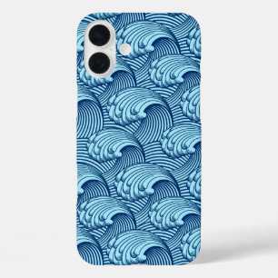 Vintage-Japanische Wellen, Navy und Himmelblau iPhone 16 Plus Hülle