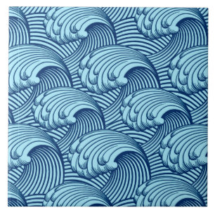 Vintage japanische Wellen, Navy und Himmelblau Fliese