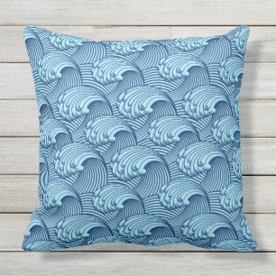 Vintage japanische Wellen, Navy und Himmelblau Kissen Für Draußen