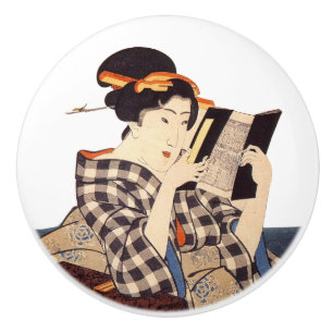 Vintage japanische Woodblock-Frau lesen Keramikknauf