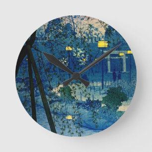 Vintage japanischer Abend in Blau Runde Wanduhr