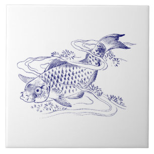 Vintage Japanischer Blau-weißer Koi-Fisch Fliese