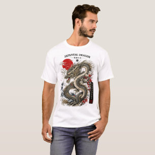 Vintage-Japanischer Drache und rotes Sonnen-Grafik T-Shirt