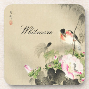 Vintage-Japanischer Druck mit Vogel und rosa Blüte Getränkeuntersetzer