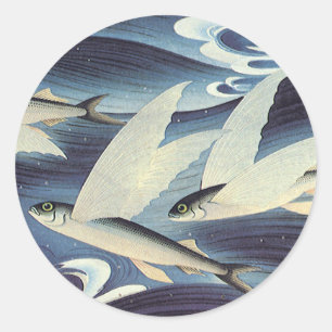 Vintage Japanischer Fliegender Fisch im Ozean, Jap Runder Aufkleber