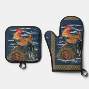 Vintage Japanischer Hahn Henne Drachen Kunst Ofenhandschuh & Topflappen-Set