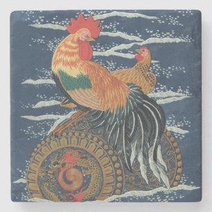 Vintage Japanischer Hahn Henne Drachen Kunst Steinuntersetzer