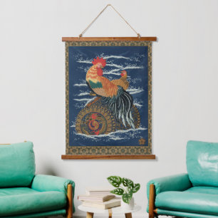 Vintage Japanischer Hahn Henne Drachen Kunst Wandteppich Mit Holzrahmen