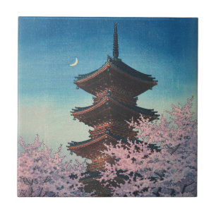 Vintage japanischer Holzschnitt Pagode am Frühling Fliese