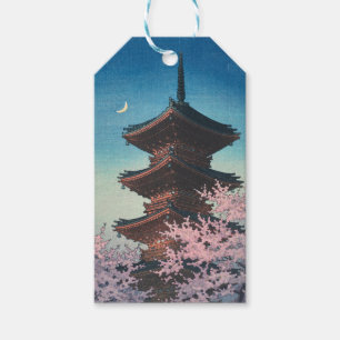 Vintage japanischer Holzschnitt Pagode am Frühling Geschenkanhänger