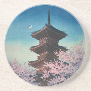 Vintage japanischer Holzschnitt Pagode am Frühling Getränkeuntersetzer