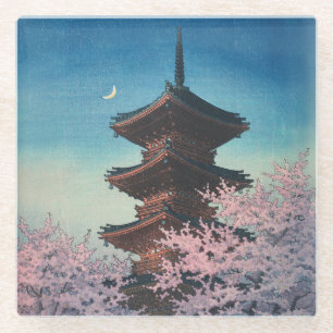 Vintage japanischer Holzschnitt Pagode am Frühling Glasuntersetzer