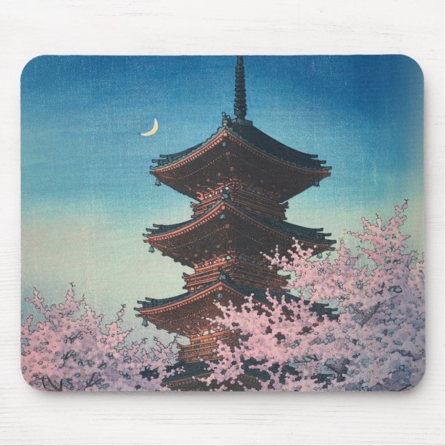 Vintage japanischer Holzschnitt Pagode am Frühling Mousepad (Vorne)