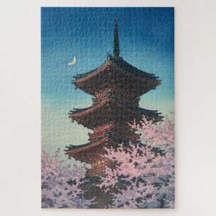 Vintage japanischer Holzschnitt Pagode am Frühling Puzzle