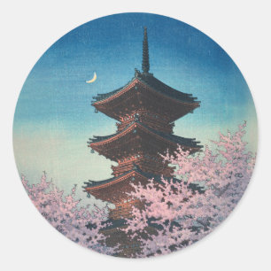 Vintage japanischer Holzschnitt Pagode am Frühling Runder Aufkleber
