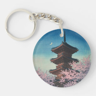 Vintage japanischer Holzschnitt Pagode am Frühling Schlüsselanhänger