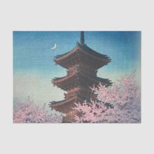 Vintage japanischer Holzschnitt Pagode am Frühling Seidenpapier