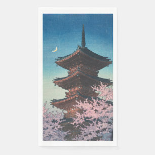 Vintage japanischer Holzschnitt Pagode am Frühling Serviette